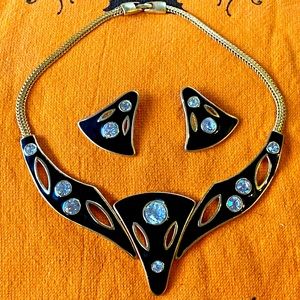 JEWELRY SALE VTG Demi parure,necklace & earrings,Deco gold,black enamel,crystals